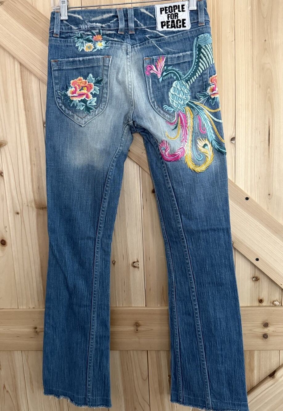 People For Peace Phoenix & Flowers Embroidered Artsy Y2K Boho Denim Jean Sz 25